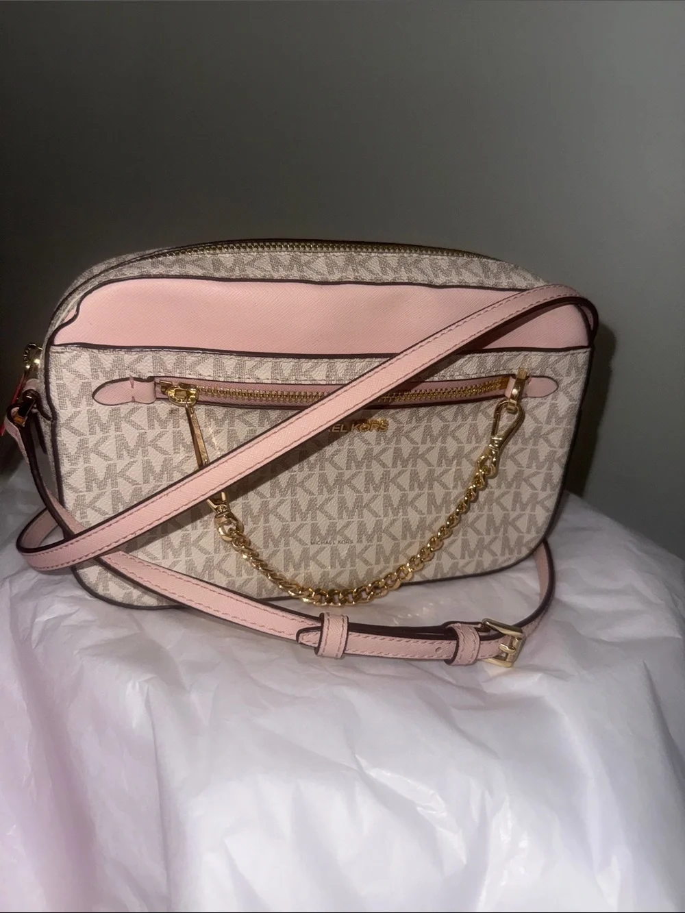 Michael Kors Light Pink MK Monogram Crossbody with Gold Chain